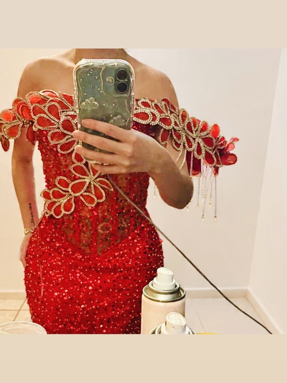 Red Off-Shoulder Beaded Evening Gown